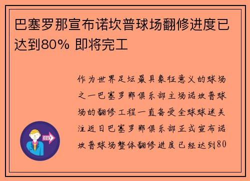 巴塞罗那宣布诺坎普球场翻修进度已达到80% 即将完工 巴塞罗那宣布诺坎普球场翻修进度已达到80% 即将完工